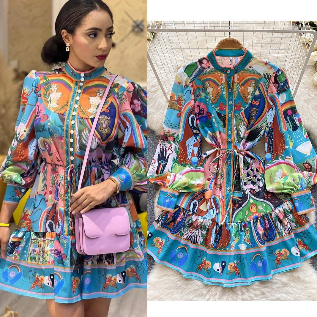 Women's Clothing Super Fairy Seaside Vacation V Neck Floral Dress For Women Summer New Style Lace Up Waist Large Swing Pleated Fairy Skirt