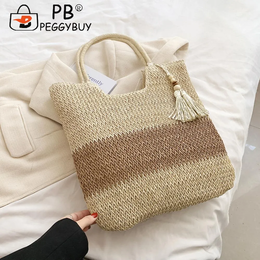 Summer Beach Bags Contrast Color With Tassels Straw Woven Bag Large-Capacity Handmade Fashion Casual Simple For Seaside_voghion.com
