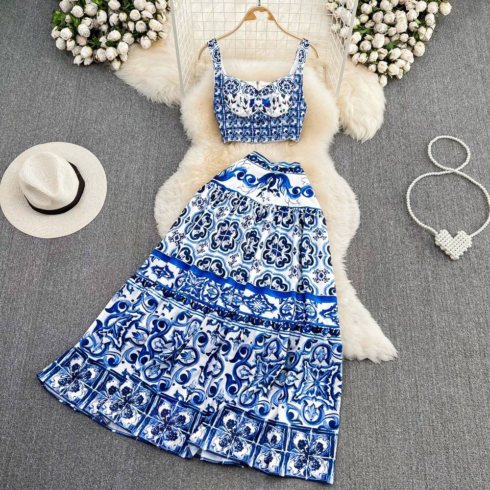 Women's Clothing Casual Celadon Print Camisole Two piece Set High Waist Slim A Line Swing Skirt Summer