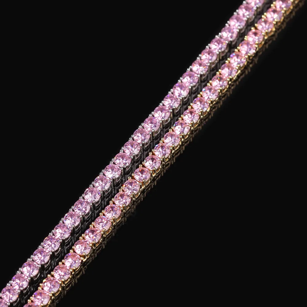 2024 Niedlicher junger Stil für Männer und Frauen, Durchmesser komplett vereist, 4 mm, benutzerdefinierte Farbe, Regenbogen, bunt, Zirkonia, Pink Cz, Tenniskette_voghion.com