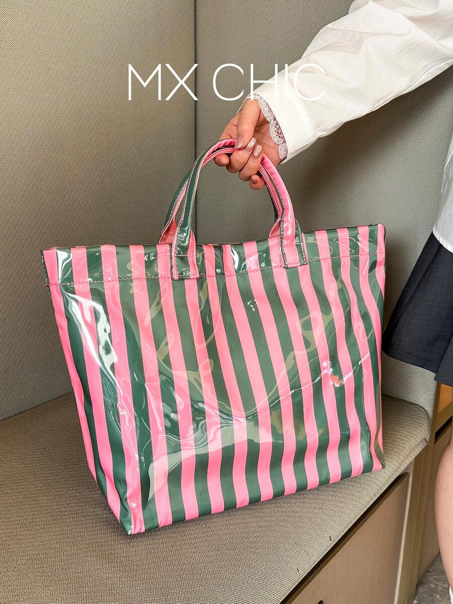 Large Capacity Fashionable Transparent Jelly PVC Waterproof Shopping Korean Unisex Style Handbag, INS Vintage Casual_voghion.com