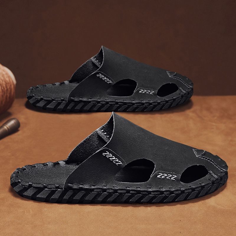 Baotou Herren Sommer Strandsandalen Leder rutschfeste Slipper Fauler Mann ohne Absatz Halbschuhe_voghion.com