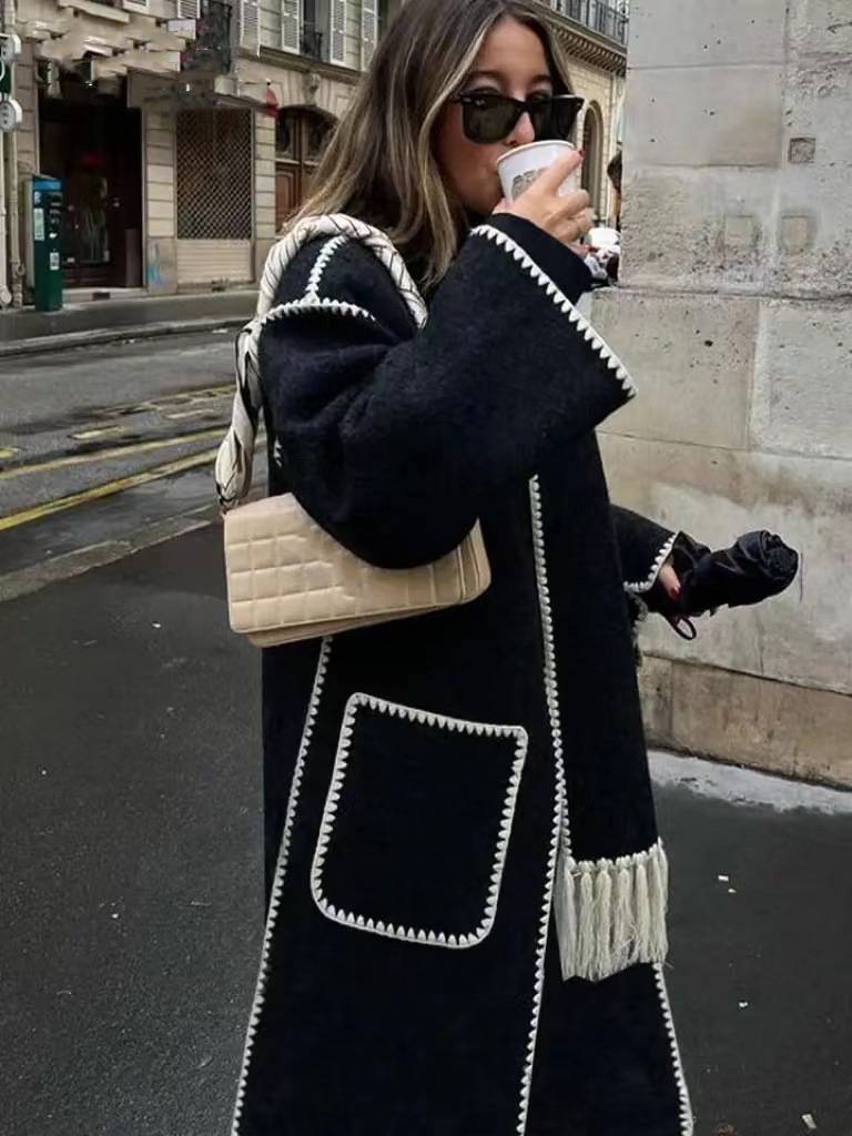 Bufanda popular de lana de manga larga con bolsillo para mujer, abrigos largos