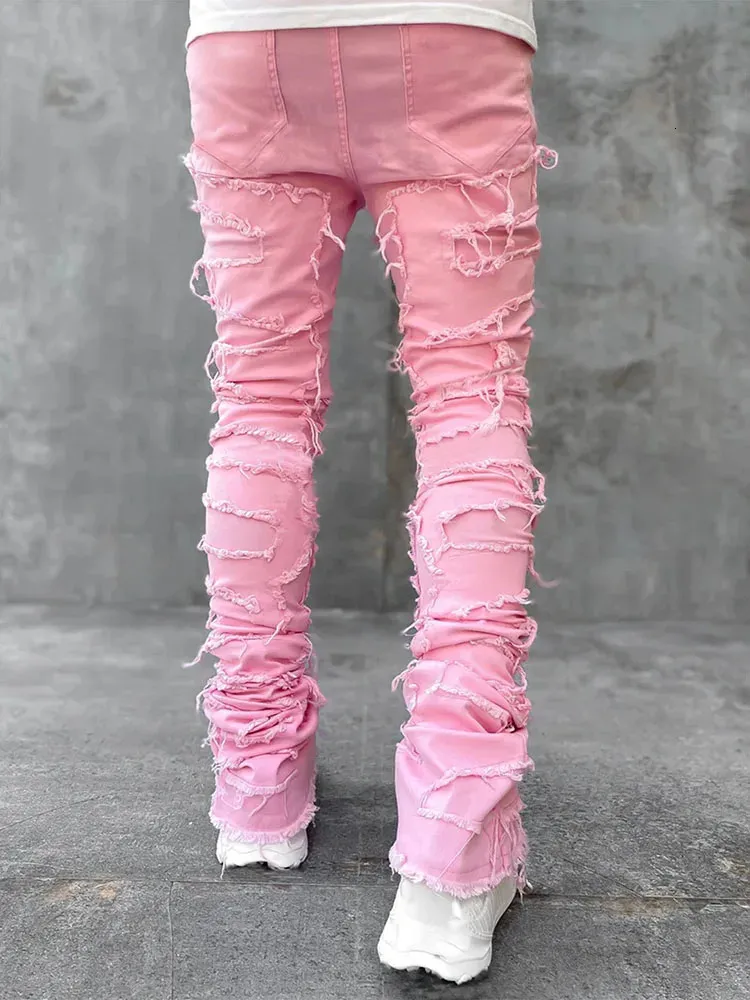 High Street Weiße Herren Stacked Jeans Stretched Patchwork Tassel Damaged Denim Volle Länge Hosen Hippop Hosen Für Männer_voghion.com