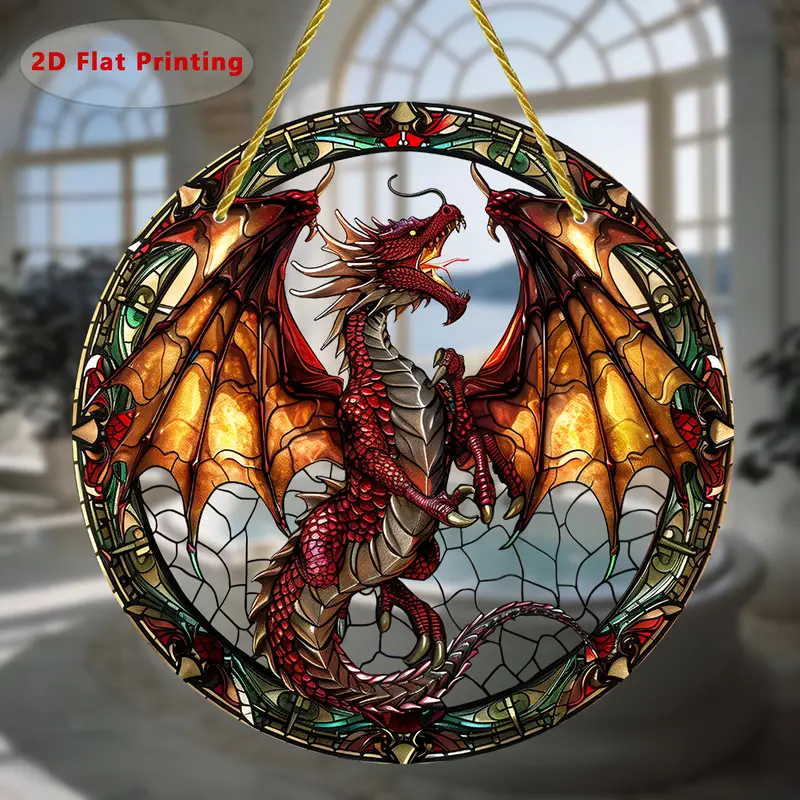 Lebendiger Drachen-Sonnenfänger – rundes Acrylbild, 20 cm. Mythisches Dekor für Garten oder Zuhause, perfekt als unvergessliches Geschenk für Fantasy-Liebhaber._voghion.com