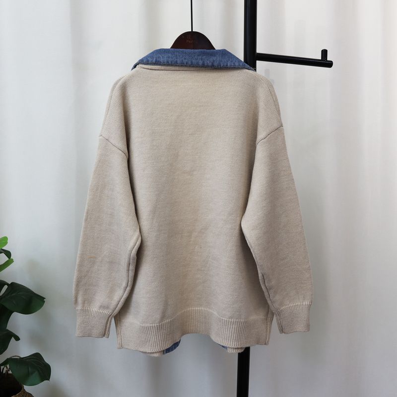 Women's Clothing new denim splicing sweater jacket design loose casual versatile knitted cardigan trend_voghion.com