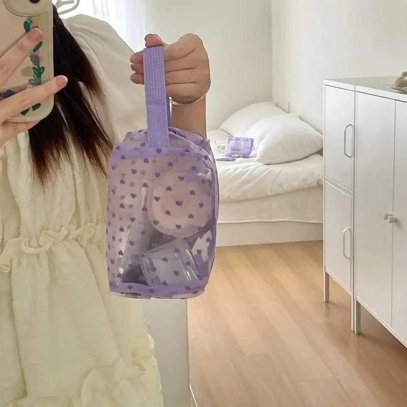 Organizator de machiaj portabil, transparent, din plasă imprimată în formă de inimă violetă, pentru călătorie, pentru depozitarea toaletei, geantă de hârtie, portofel Y241023_voghion.com