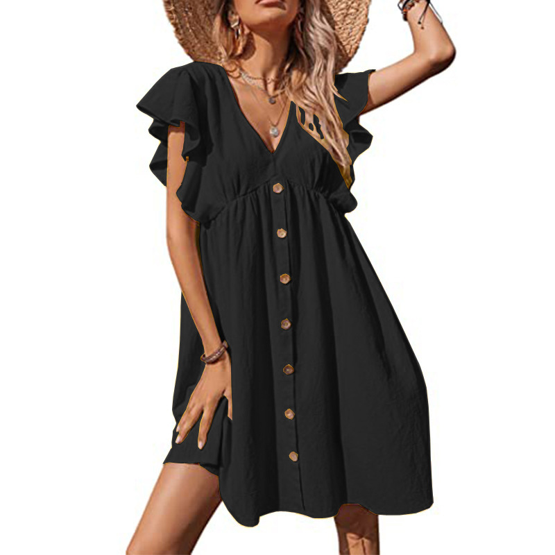 Abito da donna di media lunghezza con scollo a V pieghettato casual con bottoni alla moda_voghion.com