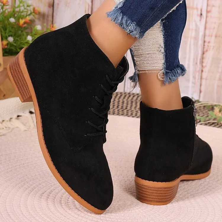 Women's Suede Short Boots With Zipper And Cross Tie Design_voghion.com