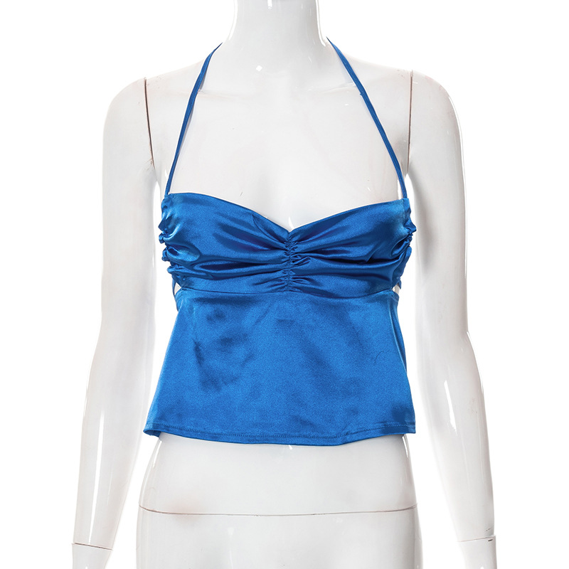 D22TP135 Estate Nuovo 2024 Tinta unita Lace up Collo Appeso Senza Maniche Ombelico Aperto Indietro Canotta da Donna_voghion.com