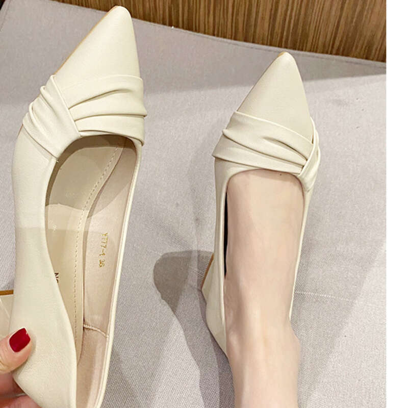 Short Heel Network Star New Pointed Toe Shallow Mouth Medium Low Heel Shoes_voghion.com