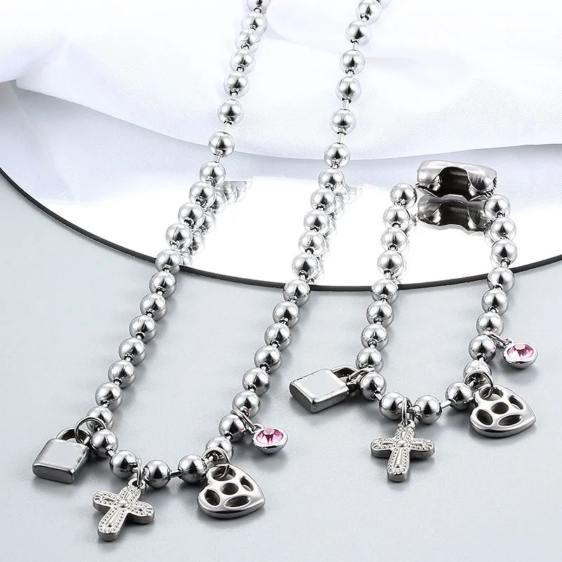 Cadenas de moda de acero inoxidable color plata regalo redondo bola blanca mujeres hombres cerradura llave UN 50 8 mm cuentas colgantes collar_voghion.com