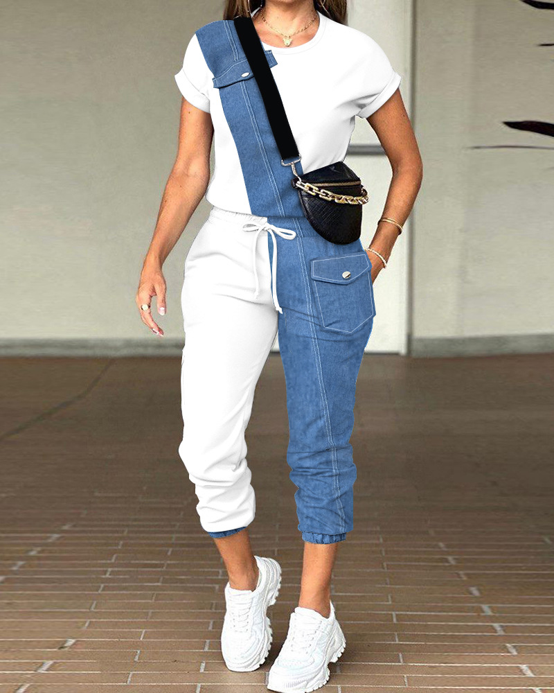 Ropa de mujer confeccionada imitación denim empalme top + pantalón traje
