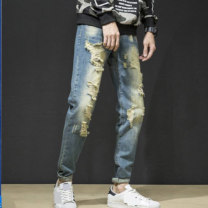 Men's Jeans Light Blue Slim Fit Distressed Trendy Versatile_voghion.com