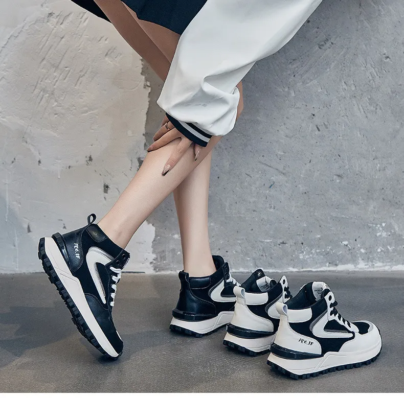 Genuine Leather Sneakers For Women Mixed Color Platform Casual Autumn Winter Warm Plush High Top Sports Shoes_voghion.com