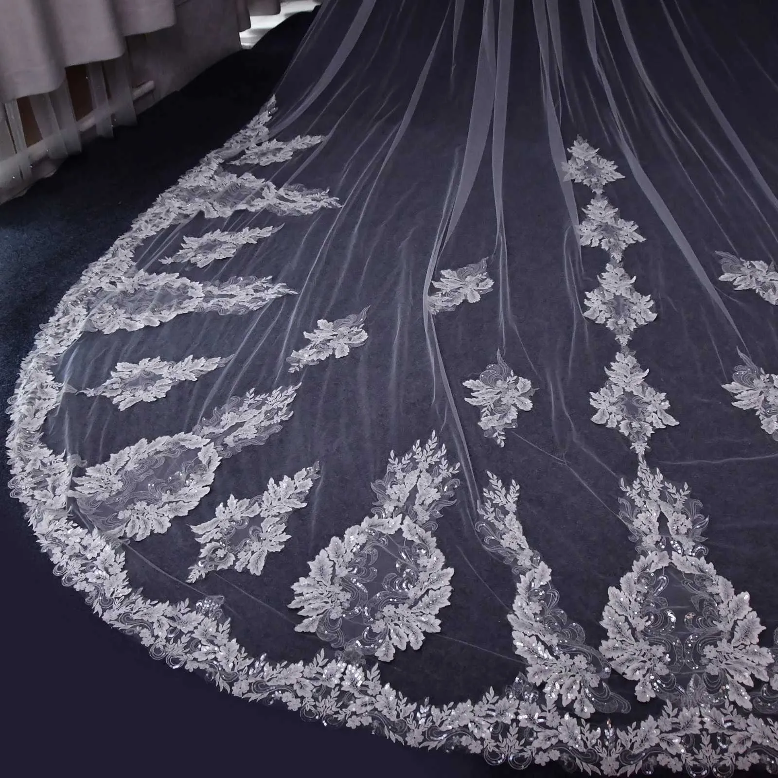 Hair Jwlry V146 Vil Long Cathdral Bridal Vils 1 Tir Lac Appliqus Edg Mantilla Wid Wdding Accssoris For_voghion.com