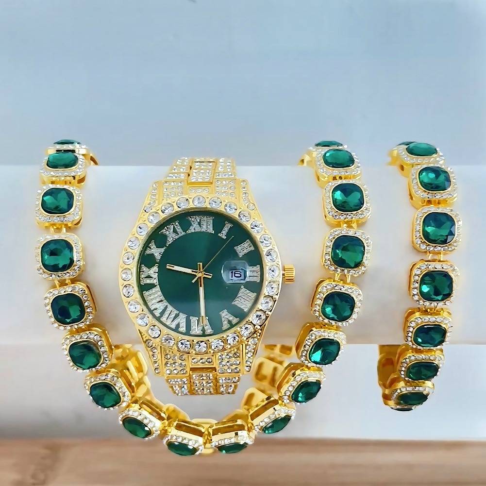 Elegante Quarzuhr aus Edelstahl mit passendem Armband und Halskette – modisches goldfarbenes Zifferblatt (rot/blau/grün) – perfekte Geschenkbox_voghion.com