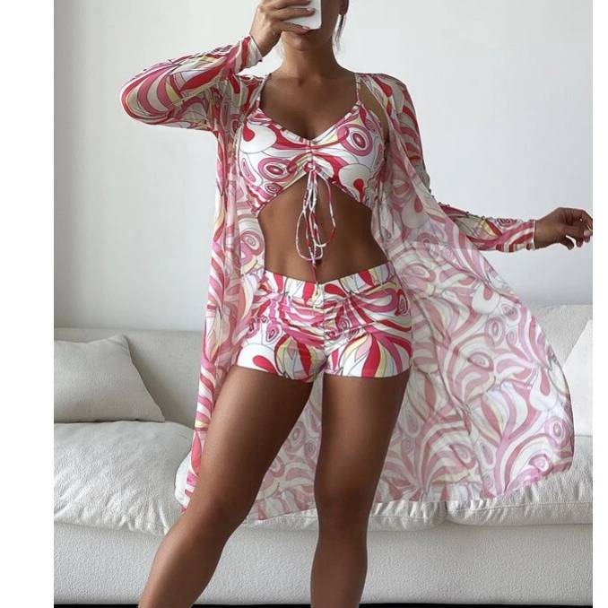 Women's Three-piece Swimsuit Set With Mesh Blouse And Leg Pants_voghion.com