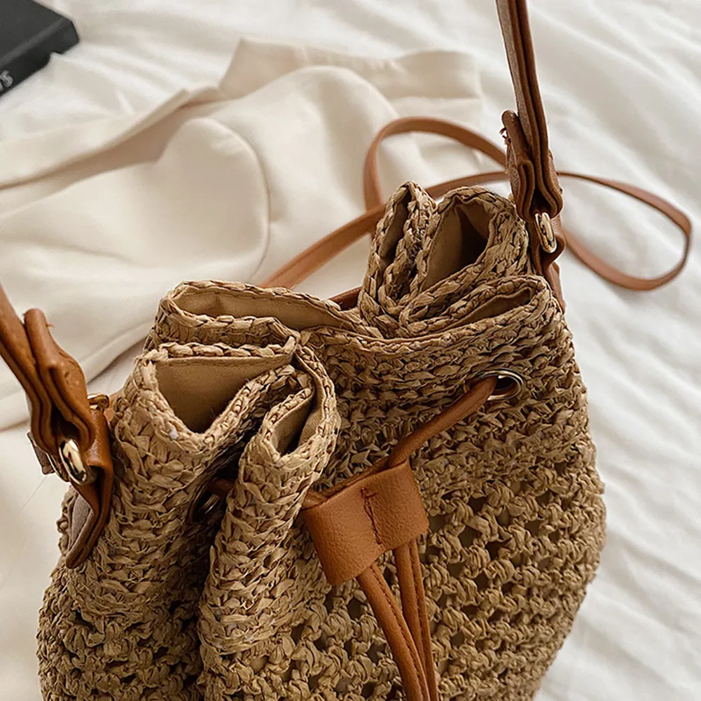 Summer Women Handbags Drawstring Straw Beach Crossbody Bags Adjustable Strap Fashion Casual Simple Elegant For Weekend_voghion.com