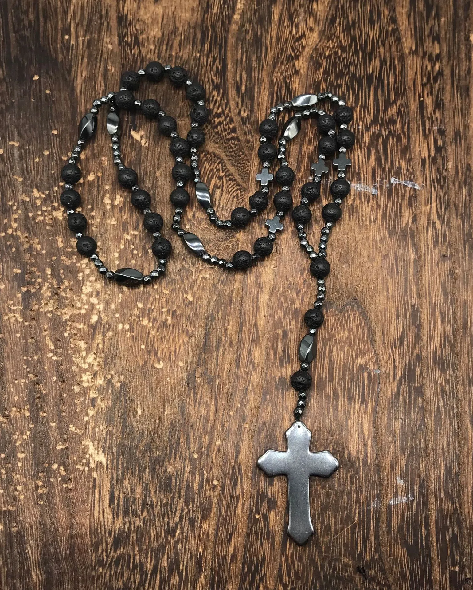 Colliers pendentifs en hématite pour hommes, croix, chapelet, collier de perles, crucifix, pour lui, père, bijoux religieux_voghion.com