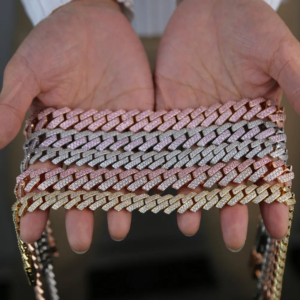 Catena a maglie cubane con doppia fila di zirconi cubici CZ con retro solido da 15 mm di larghezza e diamantata_voghion.com