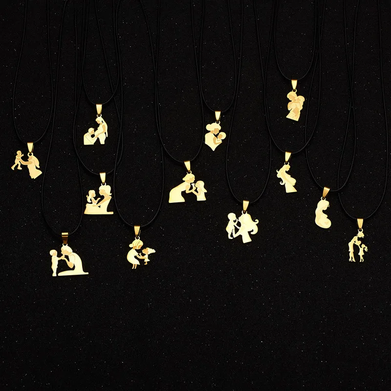 Pendant Necklaces Personality Mothers Day Stainless Steel Mom Necklace For Women Gift Gold Color Chain Baby Leather_voghion.com