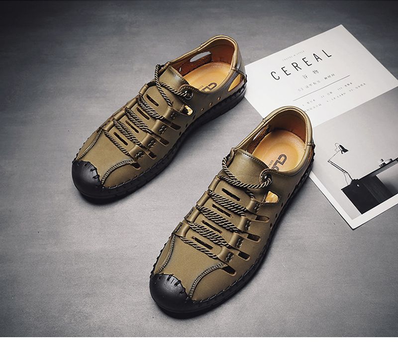 Sommer nye herresandaler, udendørs strand håndlavede hule åndbare fritidssko med hul, snørebånd indpakkede lædersko_voghion.com
