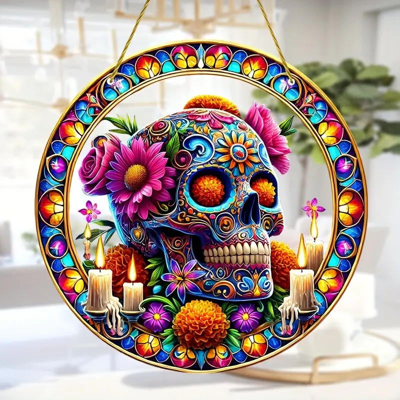 Vibrant Sugar Skull Suncatcher - 9" Stained Acrylic Art. Festive Decor For Dia De Muertos Celebrations Or Cafe Spaces._voghion.com