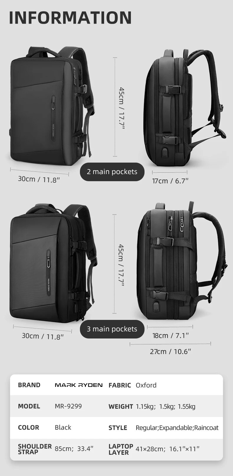 Erweiterbarer 17-Zoll-Laptop-Rucksack für Herren, Business-Handgepäck, Flugzulassung, 40 l Reiserucksack_voghion.com