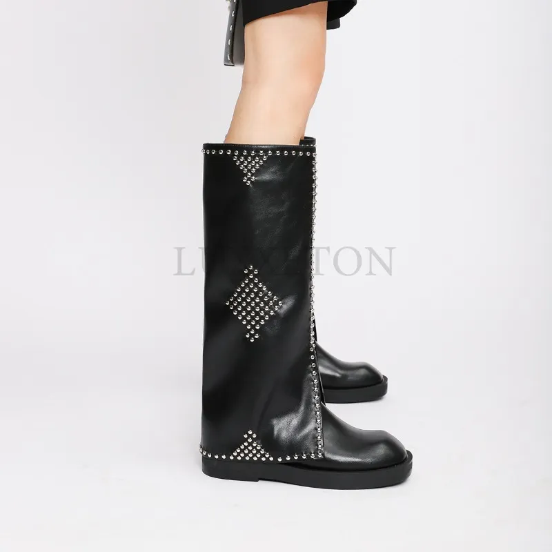 Knight Motorcycle Rivet Cuffs and High Sleeves That Do Not Exceed The Knee Long Boots with Spicy Girl Style Versatile_voghion.com