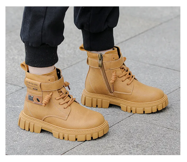 Botas Happysteps de cuero estilo motociclista con correa al tobillo para niños grandes, para montar a caballo, senderismo, otoño e invierno, talla grande_voghion.com
