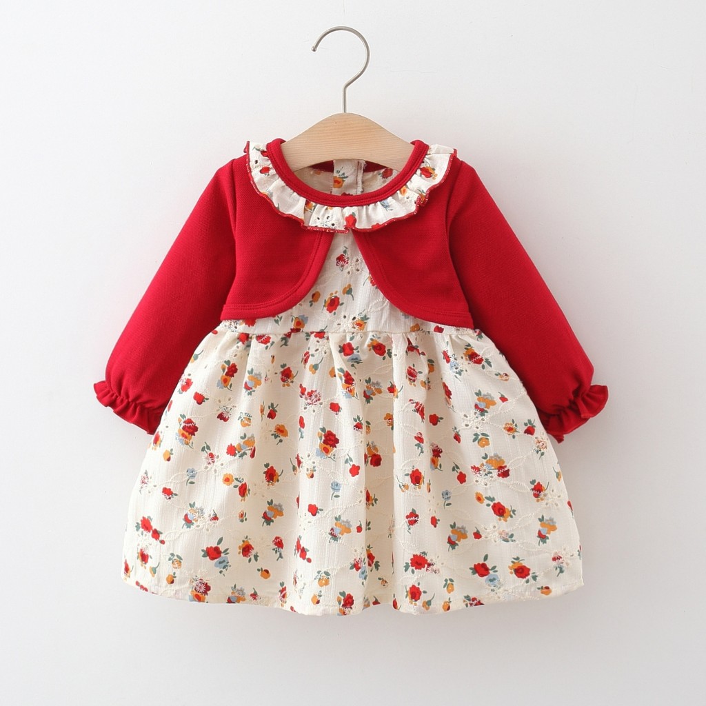 Robe à manches longues à imprimé fleuri pour bébé fille, col à volants, robe de princesse pour bébé