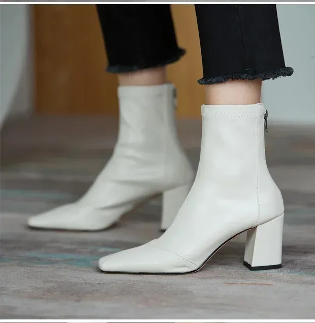 Vintage Dicke Frauen Stiefeletten Heels Boot Mode Spitzschuh Reißverschluss Winter Damenschuhe Leder Braun Kurze Booties_voghion.com