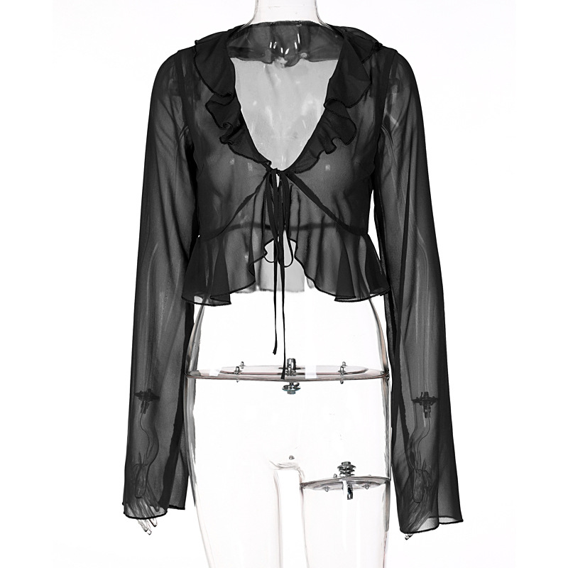 2023 Summer Hot Sale New Wood Ear Lace up Deep V-neck Long Sleeve Transparent Top Women's Wear_voghion.com