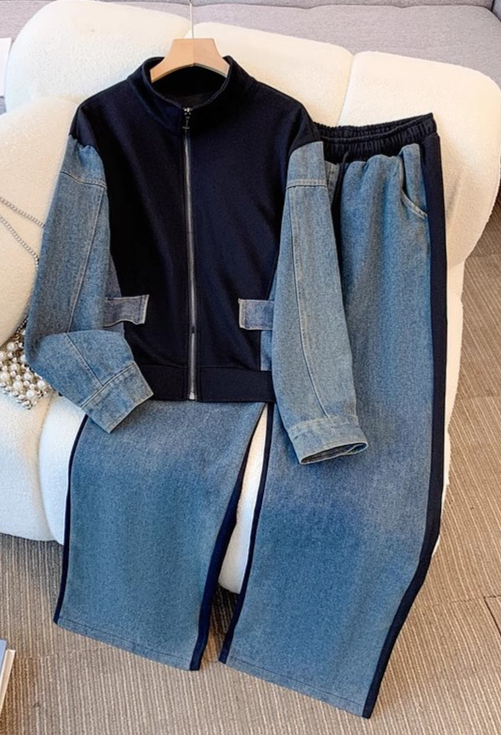 Vêtements pour femmes Hauts patchwork en denim pour filles printemps et automne nouveaux élèves du premier cycle du secondaire pantalons longs à jambes larges costume deux pièces