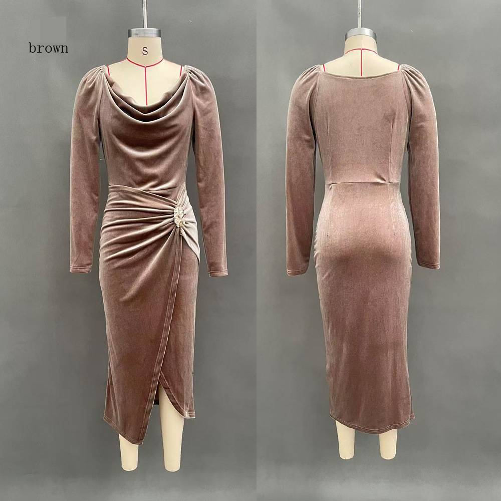 Women's Clothing New Sexy Long Sleeved Slimming Pleated Long Slit Velvet Bodycon Dress_voghion.com