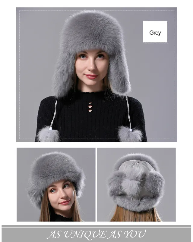 Gorro de aviación ruso de piel natural con orejas Ushanka para mujer, cálido, esponjoso y elegante, gorro de cola para mujer, gorros auténticos de moda para invierno._voghion.com