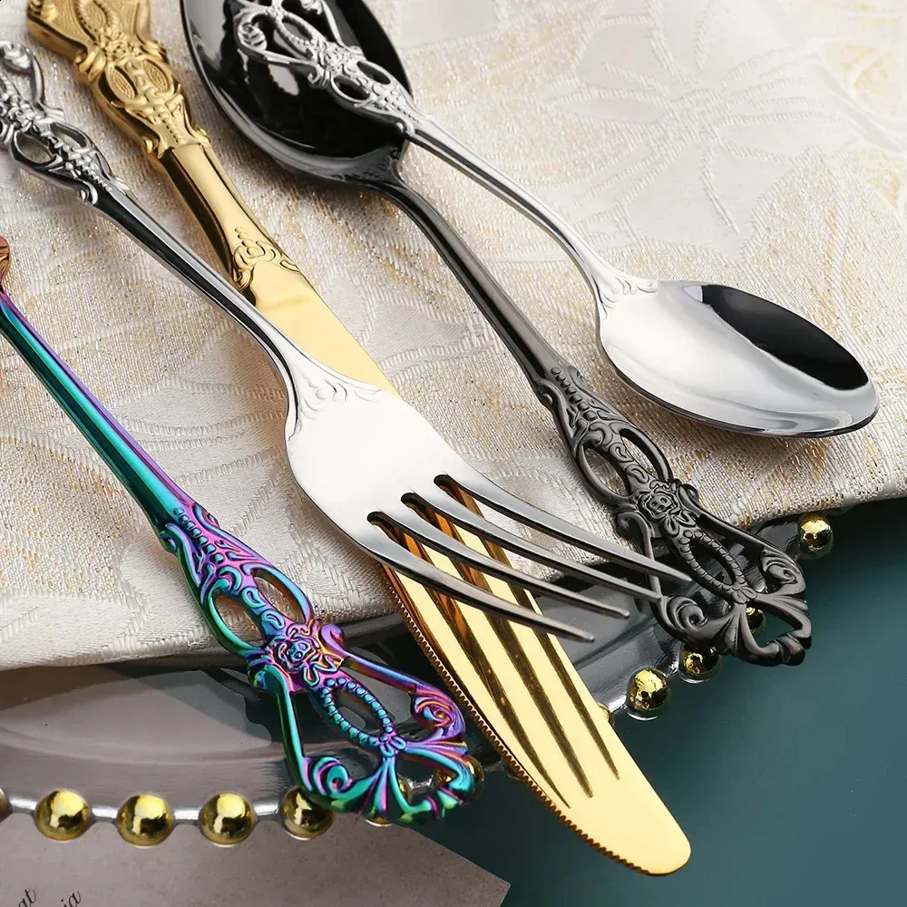 Conjunto de talheres de aço inoxidável dourado, colher, garfo e faca de bife europeus, retrô, oco, louça, talheres_voghion.com