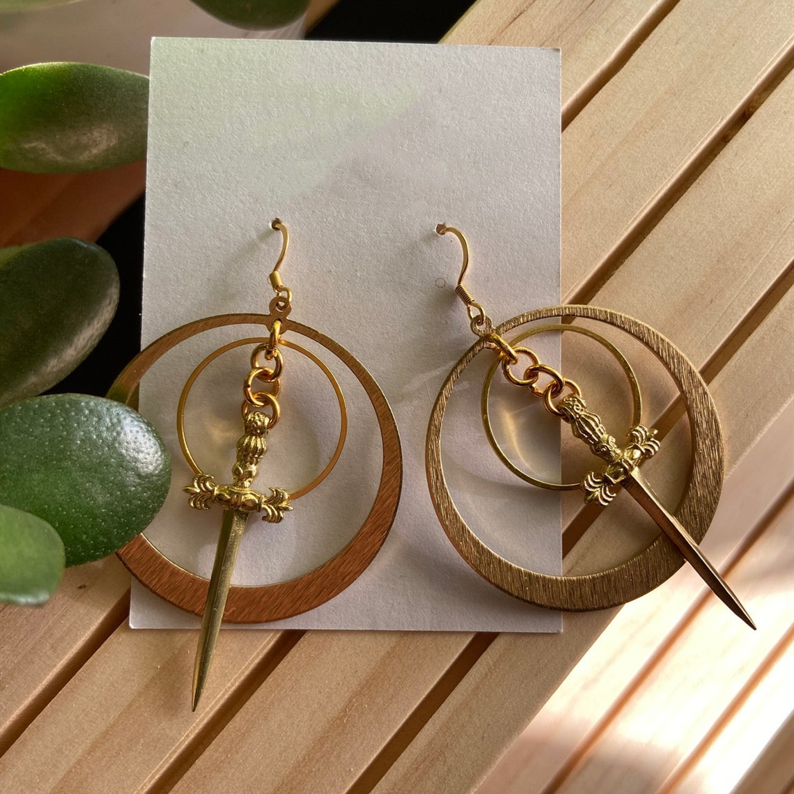 Vintage Gothic double hoop earrings with gold sword texture_voghion.com