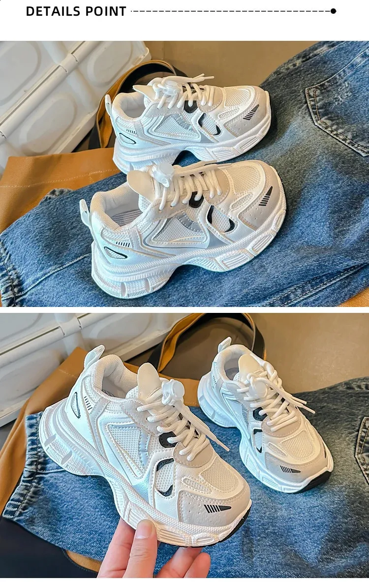 Scarpe sportive casual traspiranti per bambini, corte, paffute, bianche, a righe, con lacci, per tennis da bambini, primavera, 6-14 anni_voghion.com