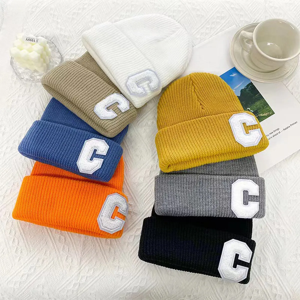 Cozy Unisex Fall Winter Cable Knit Cap with Alphabet C - Versatile Headwear_voghion.com