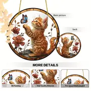 Captor de soare jucăuș cu pisicuță și fluture - artă acrilică vibrantă de 20 cm. Decor fantezist pentru ferestrele din grădină sau cadoul prețuit al iubitorilor de animale._voghion.com