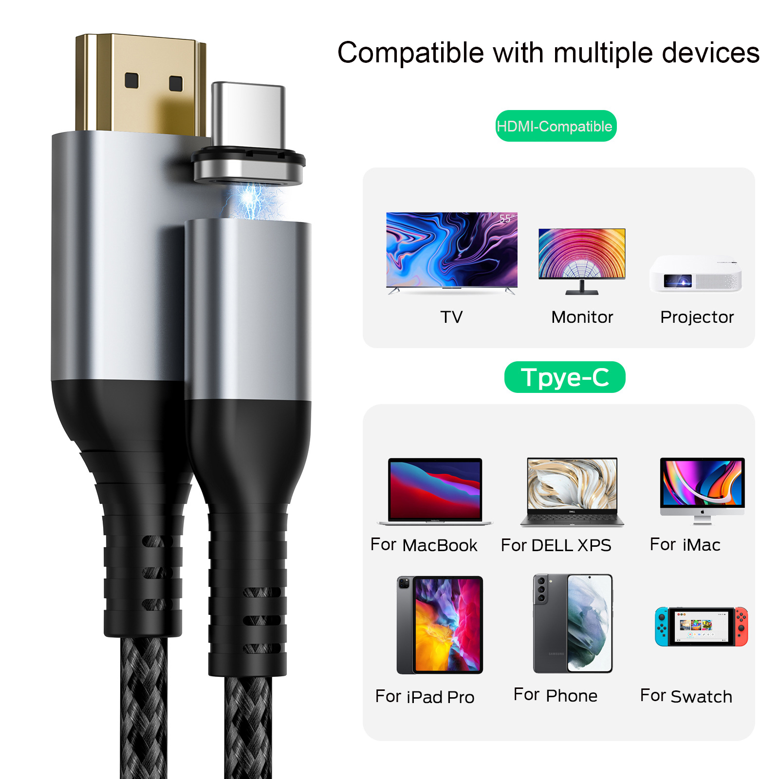 Μαγνητικός μετατροπέας καλωδίου USB C συμβατός με HDMI 4K Type C σε HDMI για Huawei MacBook Pro Air iPad USB C καλώδιο_voghion.com