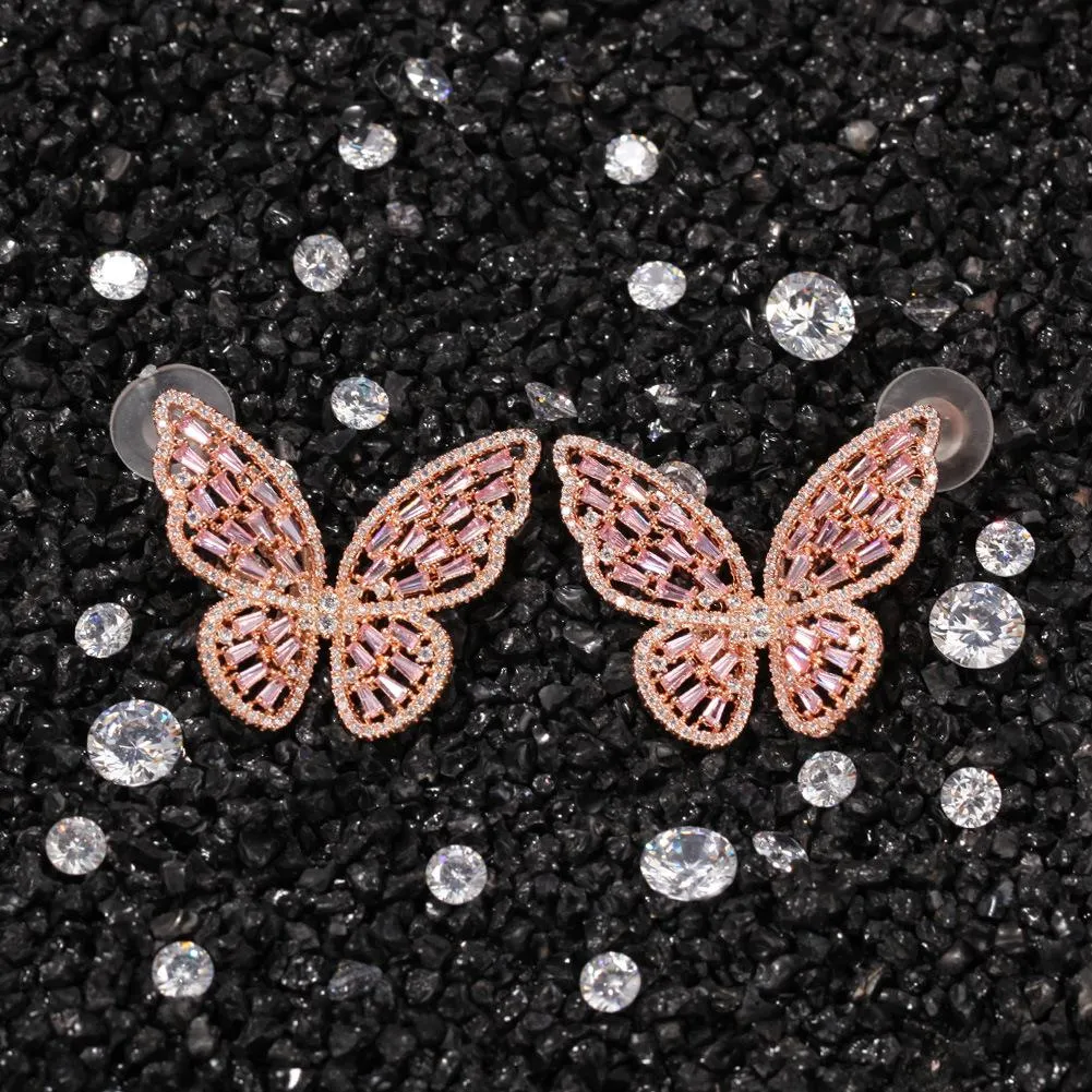 Boucles d'oreilles papillon en zircon cubique en or rose personnalisées, 4 couleurs, nouvelle mode punk, boucles d'oreilles à tige en diamant scintillant_voghion.com