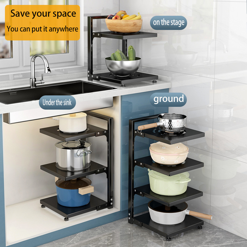 Kitchen Shelves Storage Organizer Pot Rack Multi Layer Stainless Steel Free Layering Placed on the Ground Storage Under Sink_voghion.com