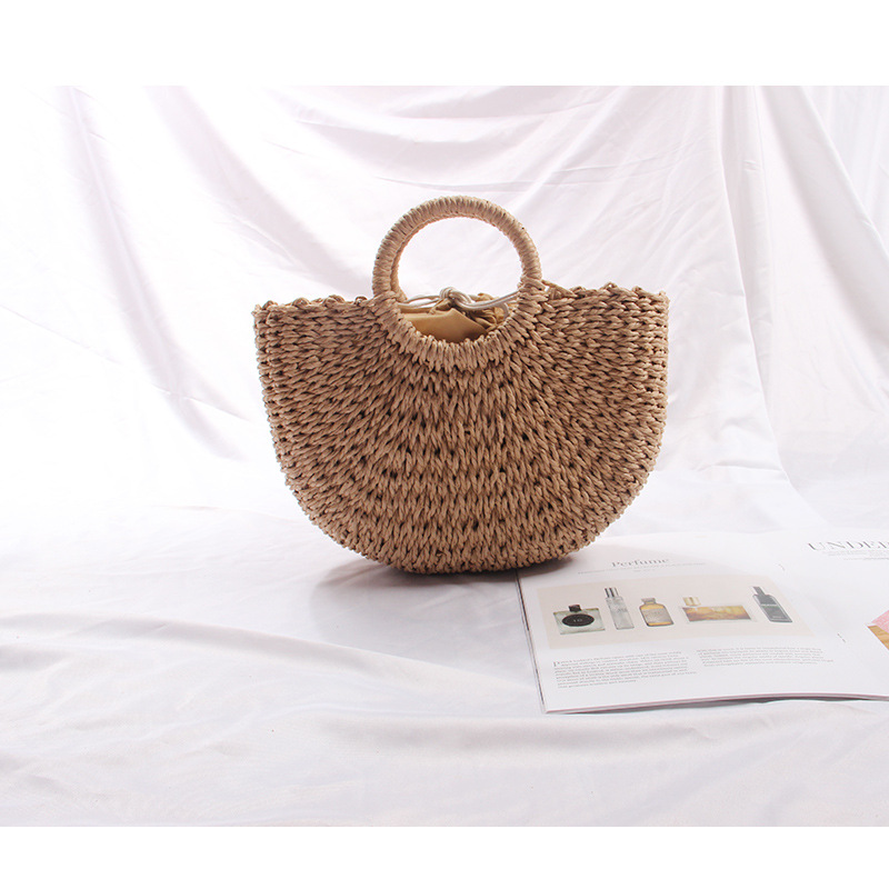 wiosenno-letnia torba słomkowa papierowa lina okrągła torba wiaderkowa prosta tkana torba damska w stylu retro casualowa torebka_voghion.com
