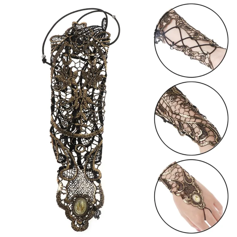 Fashion-Golden Women Hollow Out Fingerless Lady Long Lace Gloves_voghion.com