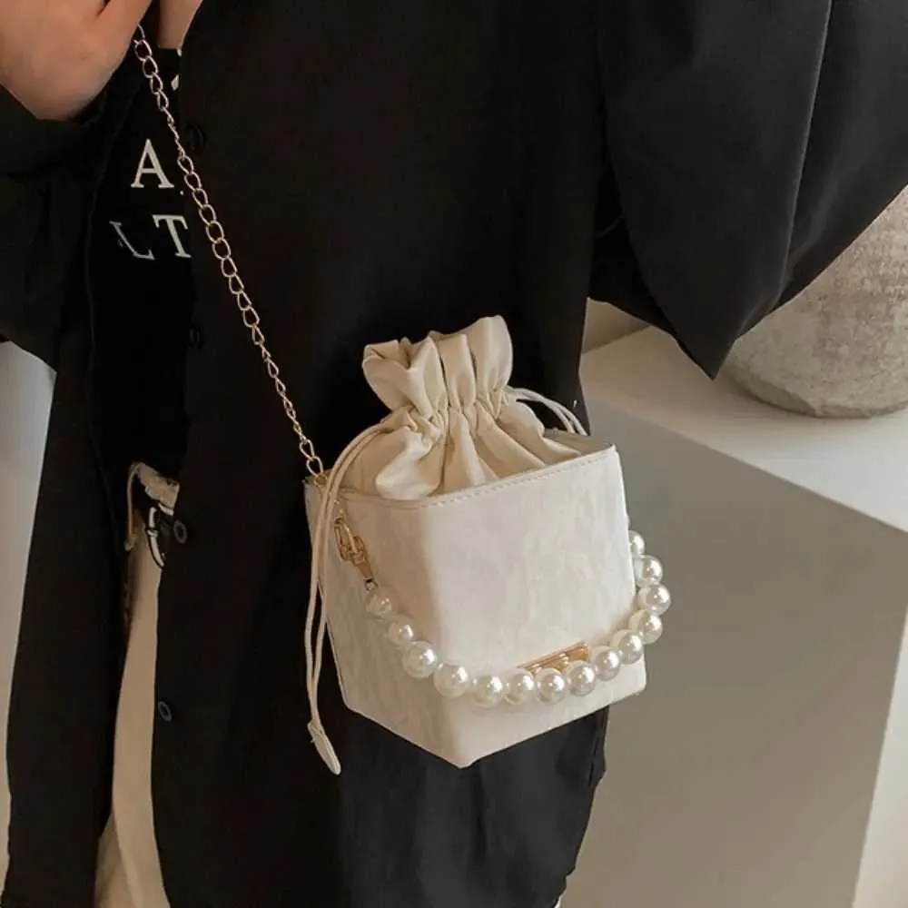 Borsa a tracolla con tracolla a catena quadrata in pelle PU da donna alla moda, con perle, stile vintage, con coulisse, LadyC241212_voghion.com