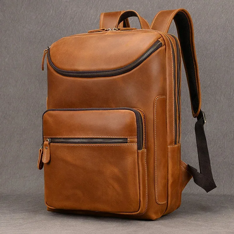 Fashion Bag 14 15.9 Laptop Backpack For Man Male Genuine Leather Mens Travel Bagpack Crazy Horse Skin 240902_voghion.com