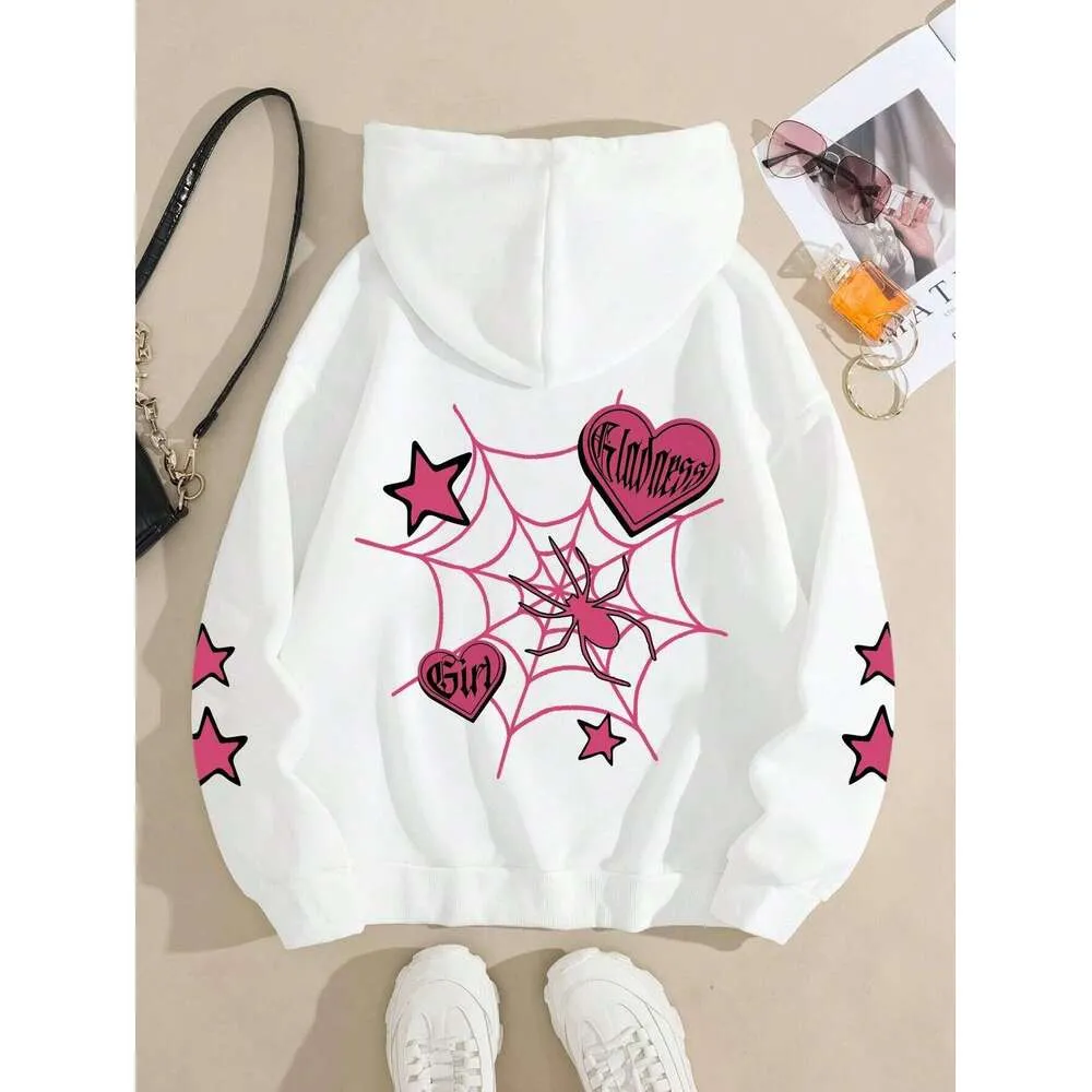 Felpa con cappuccio stampata con stella ragno, felpe sportive da strada da donna, comode maglie girocollo in pile larghe, top da donna_voghion.com